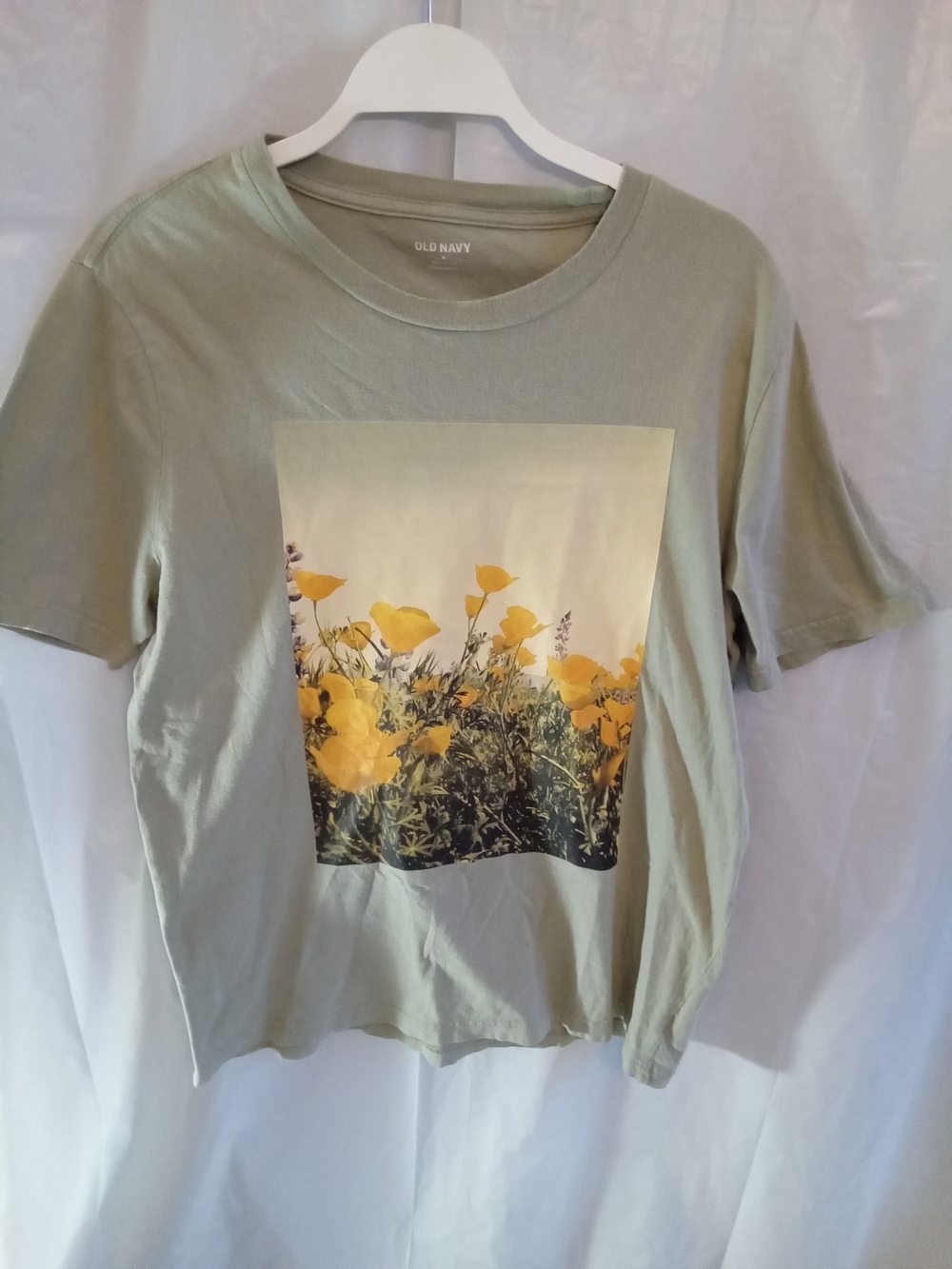 Old Navy Sage Green Short Sleeve Tee with Yellow Floral Photo Print